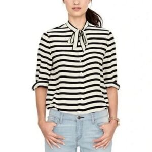 Fossil Silk Tie Neck Striped Blouse Cream Black Size XS